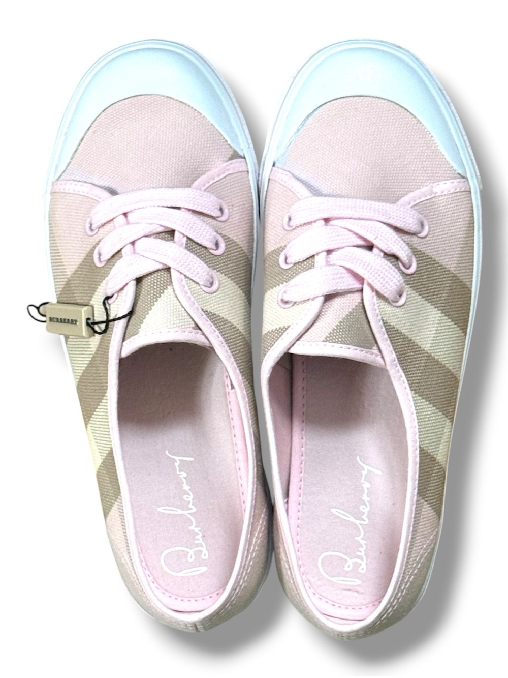 Burberry Pink & Beige Check Canvas Kids Lace-Up Sneakers. Size 2.5. Brand New.